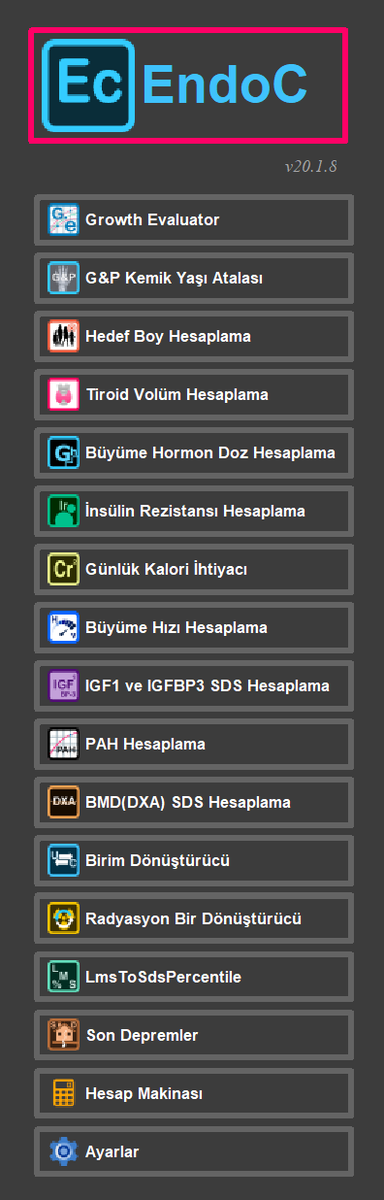 EndoC (Endocrine Calculator) ana programın altında çalışan modüller...
Programa endocweb.com sitesinden ulaşabilirsiniz....