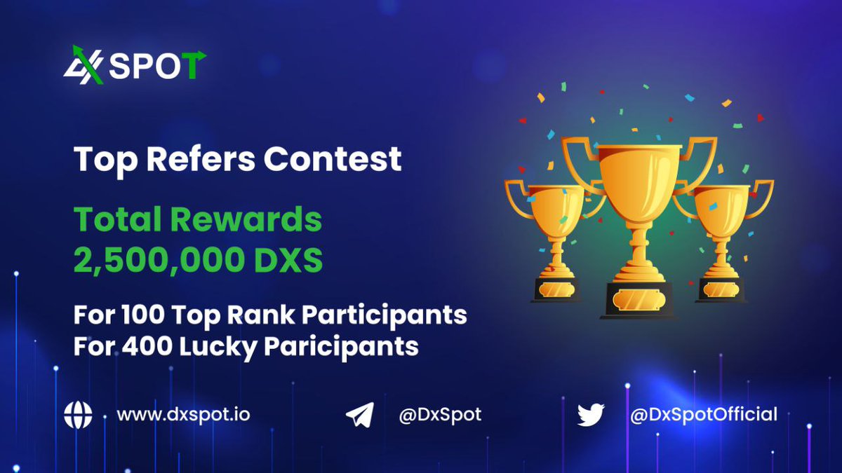🚀 DxSpot Airdrop campaign Total rewards of 2,500,000 $DXS for 100 top rank participants and 400 lucky participants. 🔗Join airdrop : contest.dxspot.io/?ref=KNK0FYUVGA Airdrop will end on March 05, rewards will be distributed to participants wallet April 15. #AirdropKing