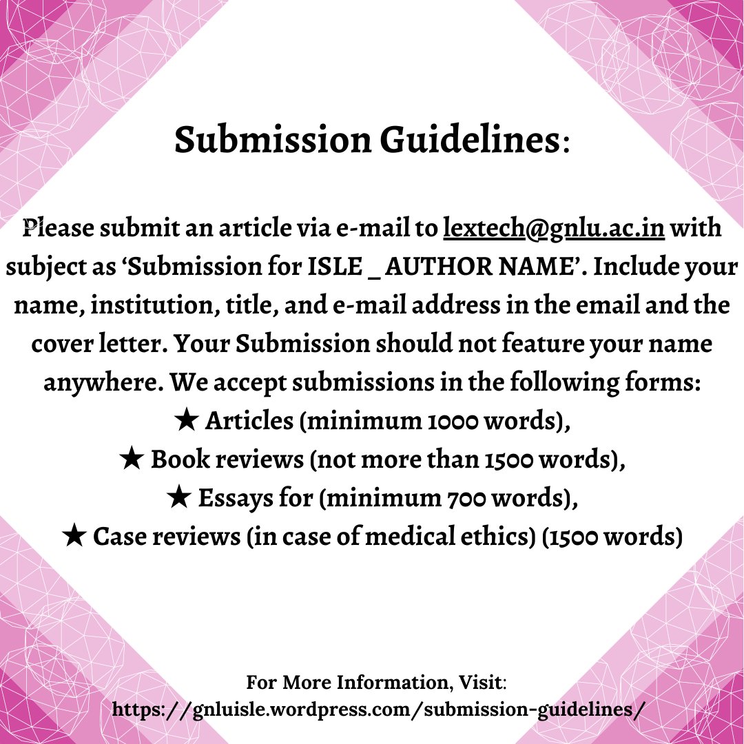 GnluT's tweet photo. The GNLU Issues in Science, Law and Ethics (Blog of the GNLU Center for Law and Technology) is calling for submissions on a rolling basis.
For more information, visit:
https://t.co/AIIkVXLJqj https://t.co/vwAIHro98b