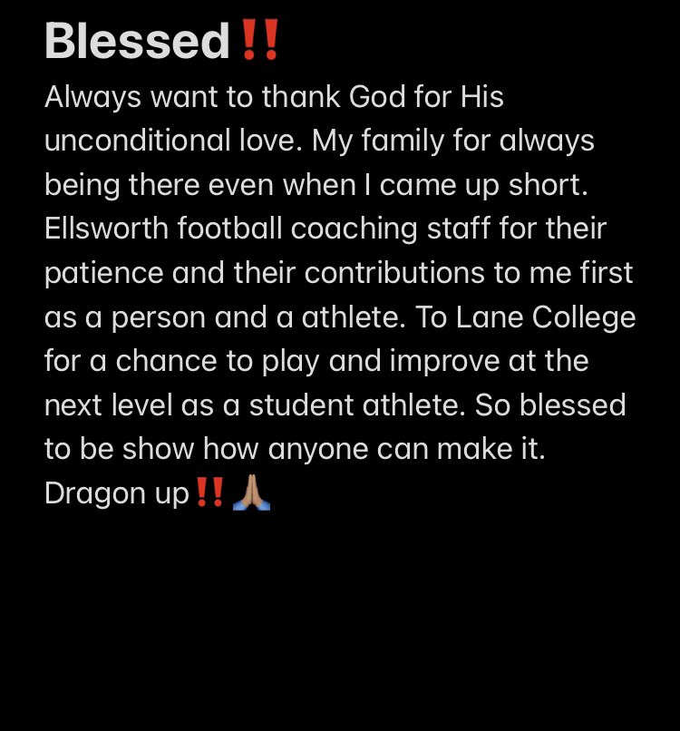 98Yozza's tweet photo. Blessed to announce I'm 100% committed to Lane College‼️ Excited to continue my education and football career‼️ ALL GLORY TO GOD @EllsworthFTBALL @PHDLineCoach @CoachKVaught @lanecollegefootball https://t.co/JTKcTbOnME