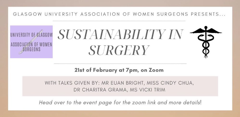 ✨Excited to announce our next event - Tune in for all things Healthcare and Climate Change✨

🩺Sustainability in Surgery 
‼️Monday 21st Feb 2022 - 7pm
📝 uofglasgow.zoom.us/j/98159603517?…
🏆Certificates of attendance will be provided