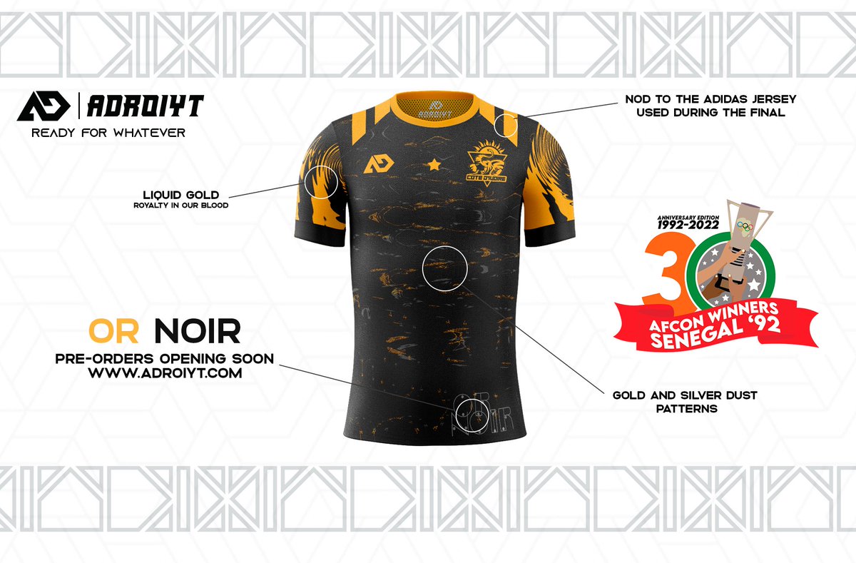 adroiyt's tweet photo. Named "OR NOIR", it is a nod to the glory and the gold medals offered to winners of the AFCON.
In addition to black and gold for royalty, this jersey has gold and silver dust-like patterns all over the body of the jersey. https://t.co/I4ZMwzMwTM https://t.co/bDzSIksPGT