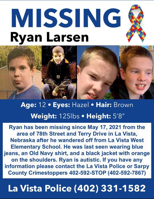 BoyMom_BeachGaL's tweet photo. Where is #RyanLarson? 11-12 yr olds w/Autism don’t just disappear! #NerdBirdMafia
@Nerdy_Addict
@CoffindafferFBI
@lavistapolice
@SarpyCountyGov
@lmmeridith
@WhitSich
@Moms4Missing
@RepDonBacon
@SenatorFischer
@SenSasse
@JeffFortenberry
@WOWT6News
@ketv
@3newsnowomaha
@FOX42KPTM https://t.co/pxK8FGktVC