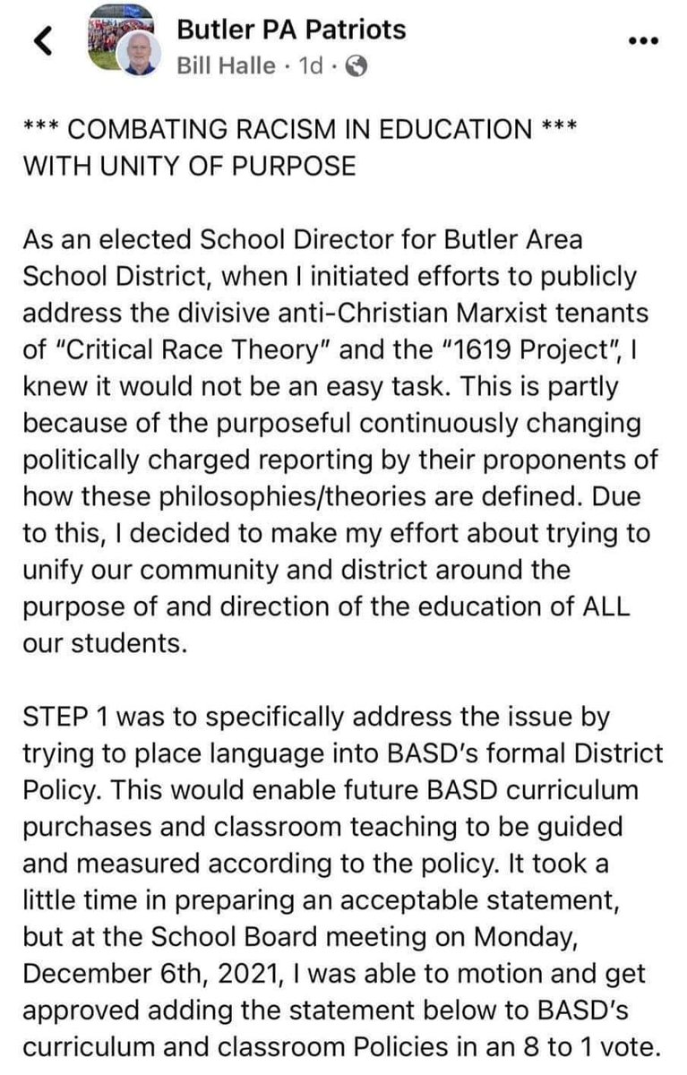 Bill Halle from the Butler Area School District is unhinged