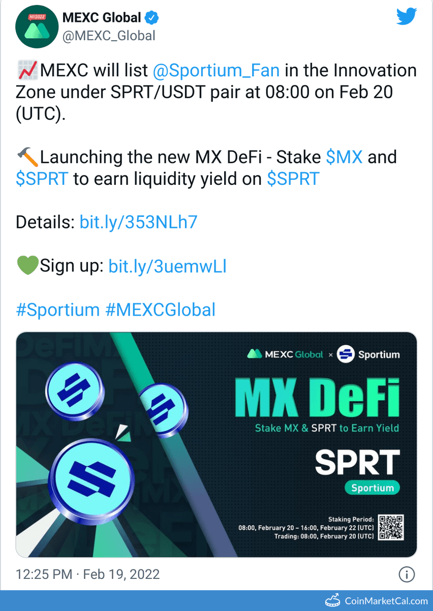 cmcal_bot's tweet photo. 🆕 New Sportium $SPRT event! 
 
20 February 2022 
MEXC Global Listing  
 
Source: https://t.co/2OTZq6lJqt https://t.co/yTi9VAGgRg