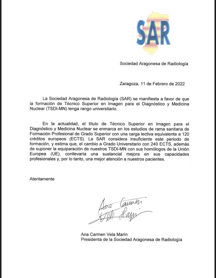 Nuevo apoyo para el ^Grado en Imagen Médica y Radioterapia ^
En este caso agradecer a la Dra Vela y a la Junta de <a href="/SAR_Rad/">Sociedad Aragonesa de Radiología</a> 
<a href="/sanidadgob/">Ministerio de Sanidad</a> <a href="/educaciongob/">Ministerio de Educación, FP y Deportes</a>
<a href="/UniversidadGob/">Ministerio de Universidades</a> 
<a href="/SERAM_RX/">SERAM - Sociedad Española de Radiología Médica</a> <a href="/SEOR_ESP/">SEOR.es</a> 
@segraRadiologia