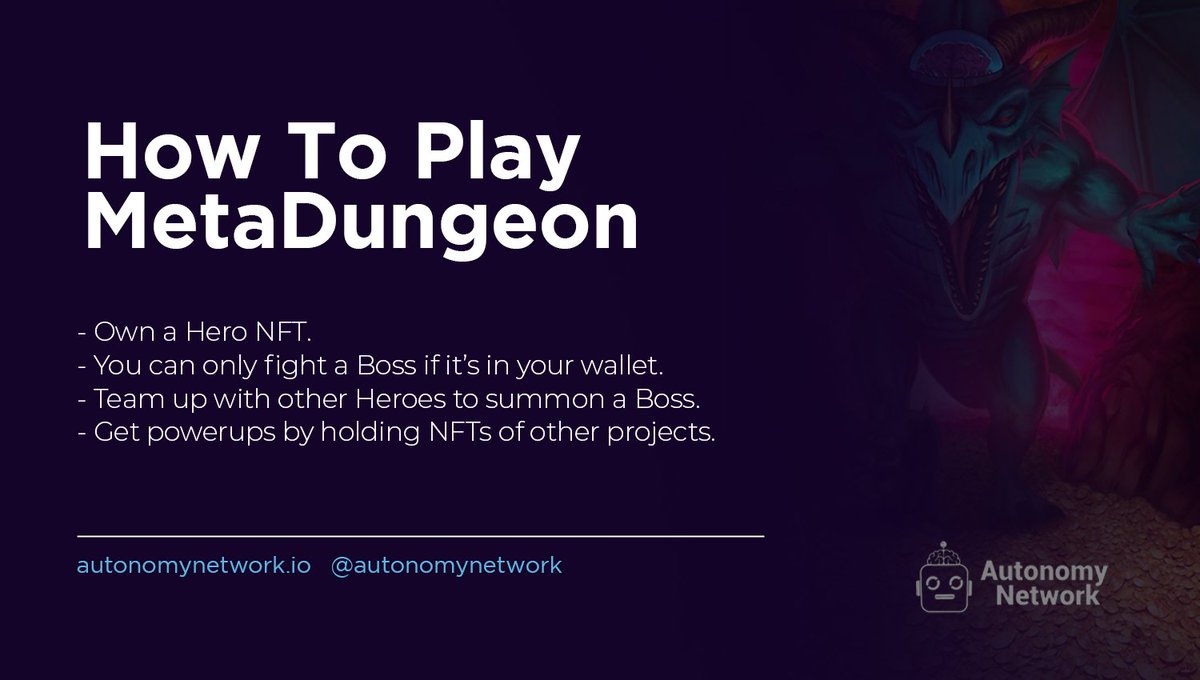 Caesar_Jay1's tweet image. Hey #crypto game lovers!

MetaDungeon is The Next Generation of #blockchaingames.

Below is infographics highlighting the steps on how to play #MetaDungeon!

You can learn more here blog.autonomynetwork.io/enter-the-meta…

@AutonomyNetwork #web3 #NFT #GameFi $AUTN #PlayToEarn #P2E