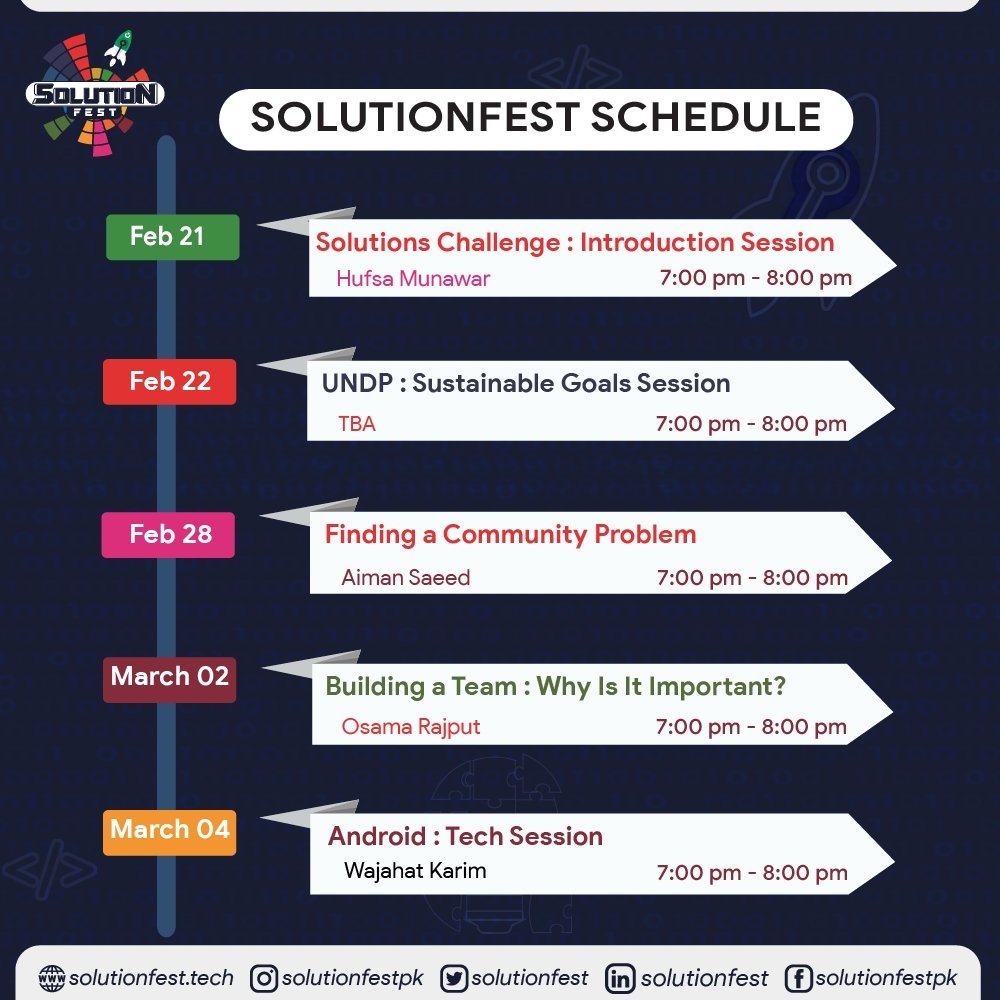 solutionfest's tweet photo. Finally the wait is over!! ๐คฉ
Mark your calendars ๐, set your alarms โฐand keep your laptops ready ๐ฉ๐ฝโ๐ป !
Here's the schedule for SolutionFest ๐ฉ๐ปโ๐ป๐จ๐ปโ๐ป
Learn | Innovate | Design | Build | Challenge๐ป
Training and Mentorship Event
Register Now: https://t.co/JkzoKKKAMH
#SolutionFest https://t.co/Nbq2aTu38i