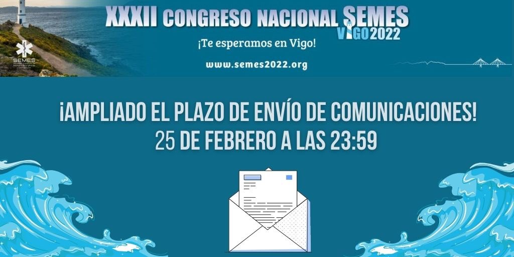 🗓 ¡Ampliamos el plazo de envío de comunicaciones!
⚡Fecha final: 25 de febrero.
No esperes para enviar tu comunicación para #SEMES2022.
¡Te esperamos en Vigo!