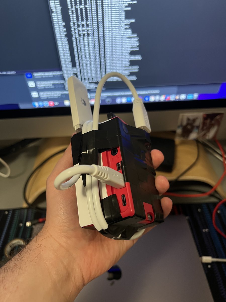 mikegapinski's tweet photo. This is all the hardware needed for #teslaCarPlay minus the usb dongle for CarPlay.Deploy in the center console or in the trunk with a stronger Wi-Fi router. It will reduce to a single raspberry pi later, but that is still WIP and I won’t wait for it before releasing first builds https://t.co/E0JPhzWYFV