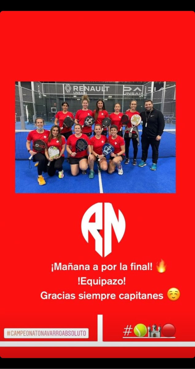 Nuestro Equipo <a href="/PadelReyno/">Padel Reyno de Navarra</a> jugará mañana domingo, a las 16 horas,  la Final Femenina del Campeonato Navarro por Equipos Absoluto de Primera Categoría <a href="/FNPadel/">Federación Navarra de Pádel</a>
Os esperamos animando a nuestras chicas en Pádel Reyno de Navarra!!!