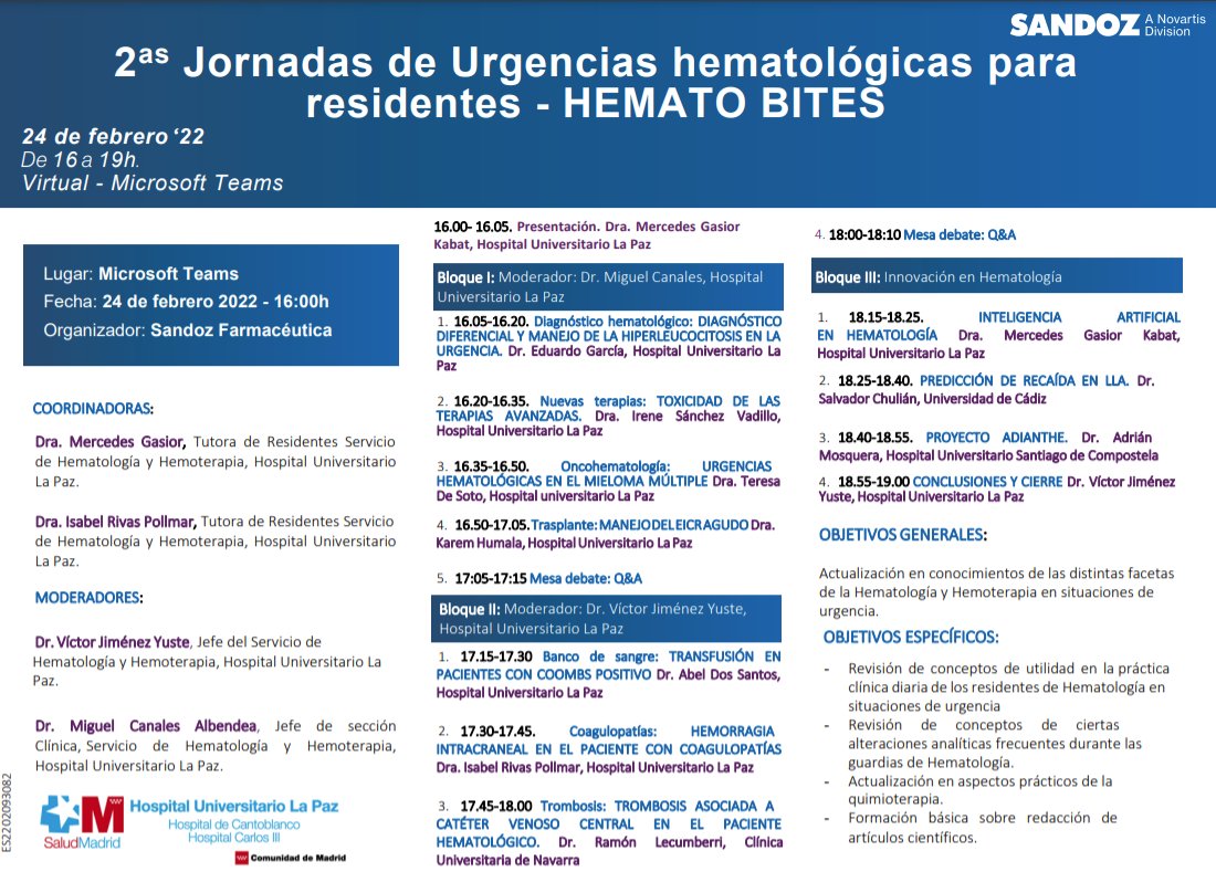 Te esperamos en la 2º edición de #HematoBites Jornadas de urgencias hematológicas para residentes (y adjuntos!) @HematoLaPaz 24 de Febrero a las 16 hs Link de acceso:mtr.bio/mer_501 (no hace falta inscripción)