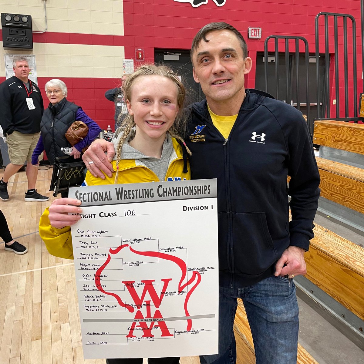 wiaawi's tweet photo. Josephine Stachowski of Mukwonago just became the 1st-ever female wrestler to qualify for the WIAA Individual Wrestling State Tournament in Division 1! 🎉 

She is pictured with Head Coach, Jon Wierzbicki at today’s Sectional at Fort Atkinson. #wiaawr #historymade #RoadToState https://t.co/bW8BBHF4SE