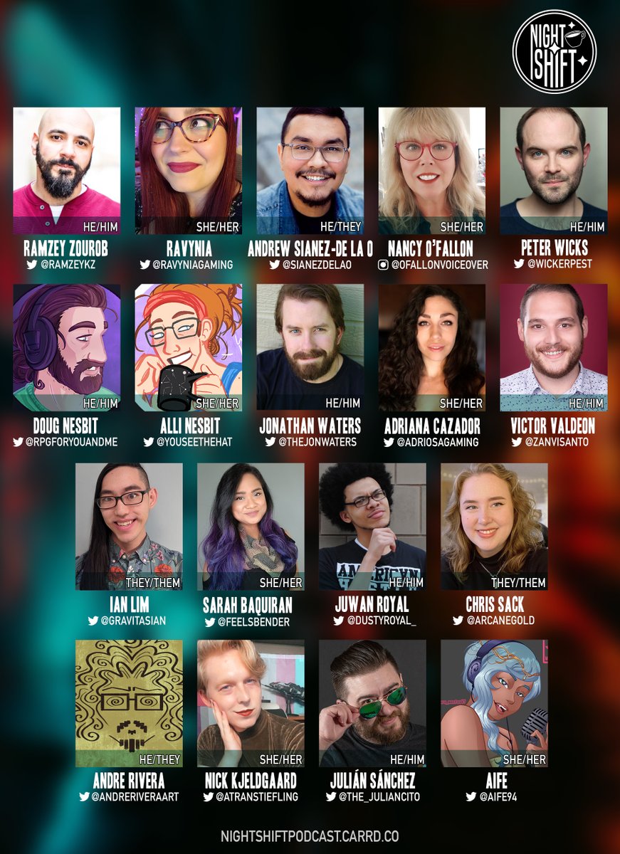 nightshiftcast's tweet photo. 🌙 NIGHT SHIFT CAST ANNOUNCEMENT! ☕️
 
We're so excited to finally reveal our full Night Shift podcast season one lineup – a huge thank you to these incredibly talented people for helping us bring Echor City to life!
 
Episode two coming very soon! 💜 https://t.co/yPPEnDxtRN