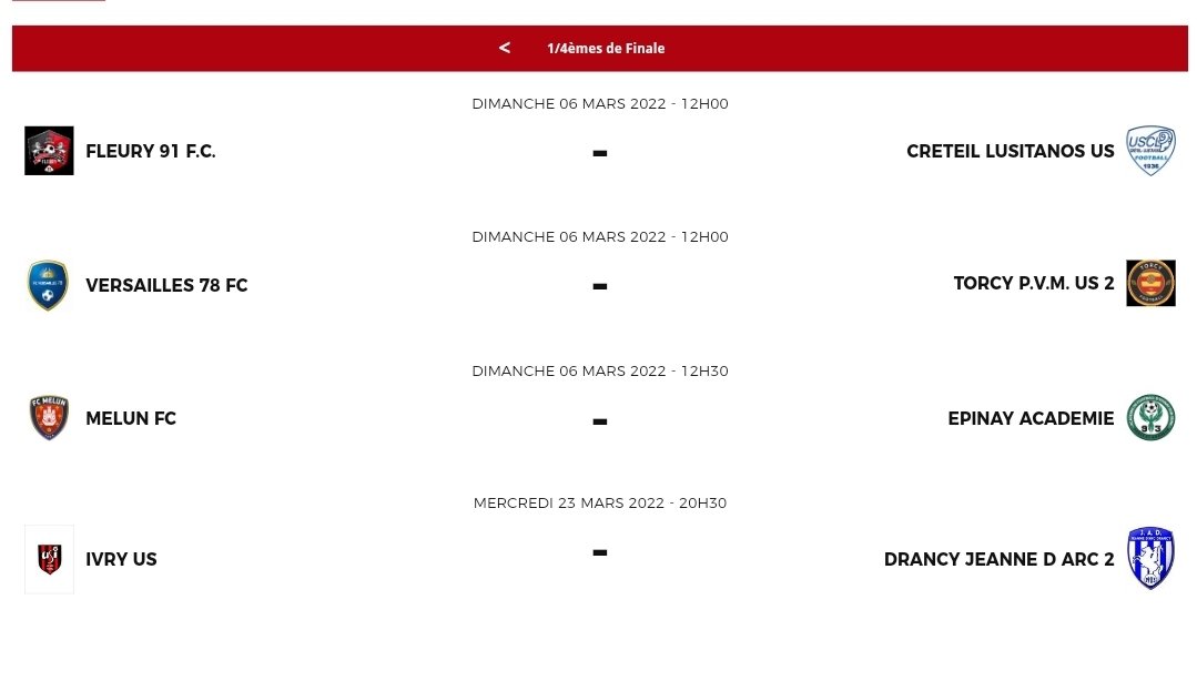 LPIFF75's tweet photo. 📆 [COUPES DE PARIS CRÉDIT MUTUEL IDF] Découvrez le tirage au sort des quarts de finale de la Coupe de Paris @CreditMutuel Île-de-France U16

@FCFleury91 🆚️ @uscl_football

@ivryfoot 🆚️ @JA_DrancyOff (B)

@MelunFC 🆚️ Epinay Académie

@FCVersailles78 🆚️ @torcypvm (B) https://t.co/3VLsO8j7LI