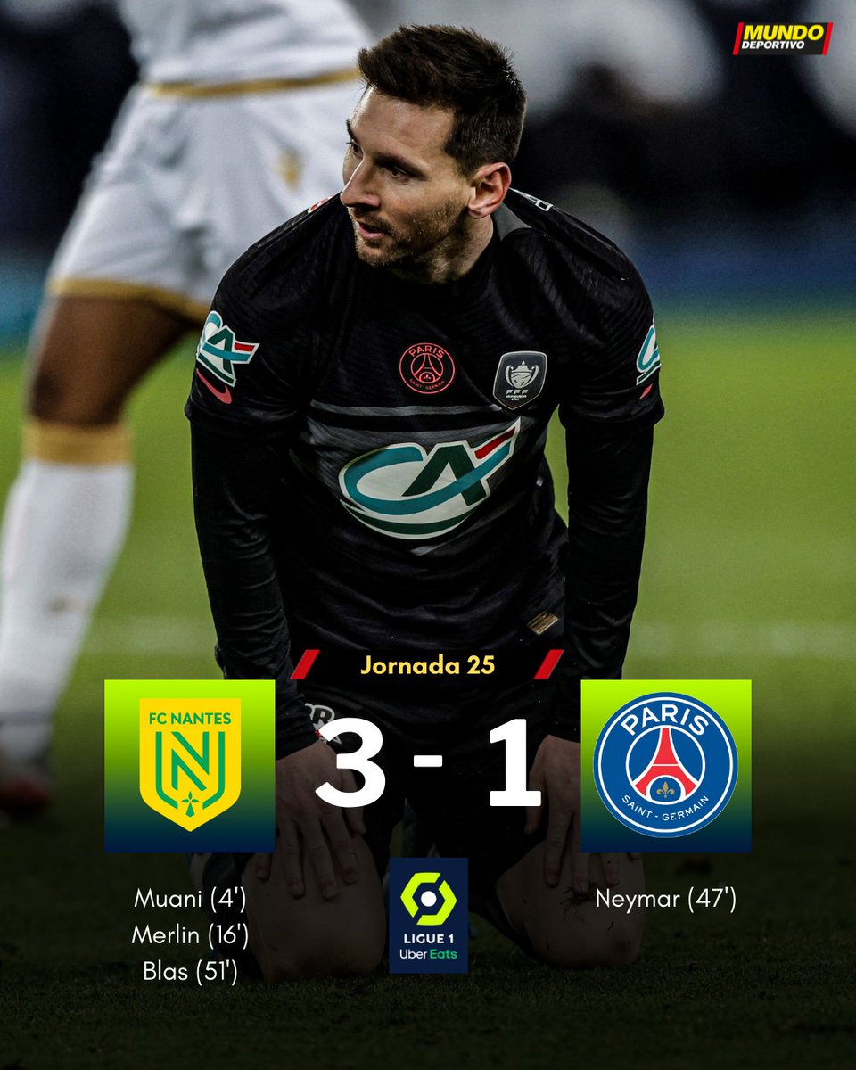 mundodeportivo's tweet photo. 💣 Duro palo para el PSG

😳 El Nantes, que llegó al descanso con 3-0 en el marcador, sacó los colores al equipo de Pochettino

❗ Messi, Mbappé y Neymar fueron titulares 

#Ligue1 https://t.co/hlH3liCm5e