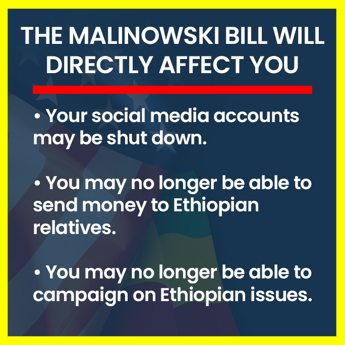 AmericaEthiopia's tweet photo. The Malinowski Bill will directly affect your:
- social media access
- remittances to relatives
- ability to push for peace in #Ethiopia 

🚨 Take action now 🚨

Contact your gov rep to #stopHR6600 now - https://t.co/DRqFJsHXGw https://t.co/uhI7lIeJU3