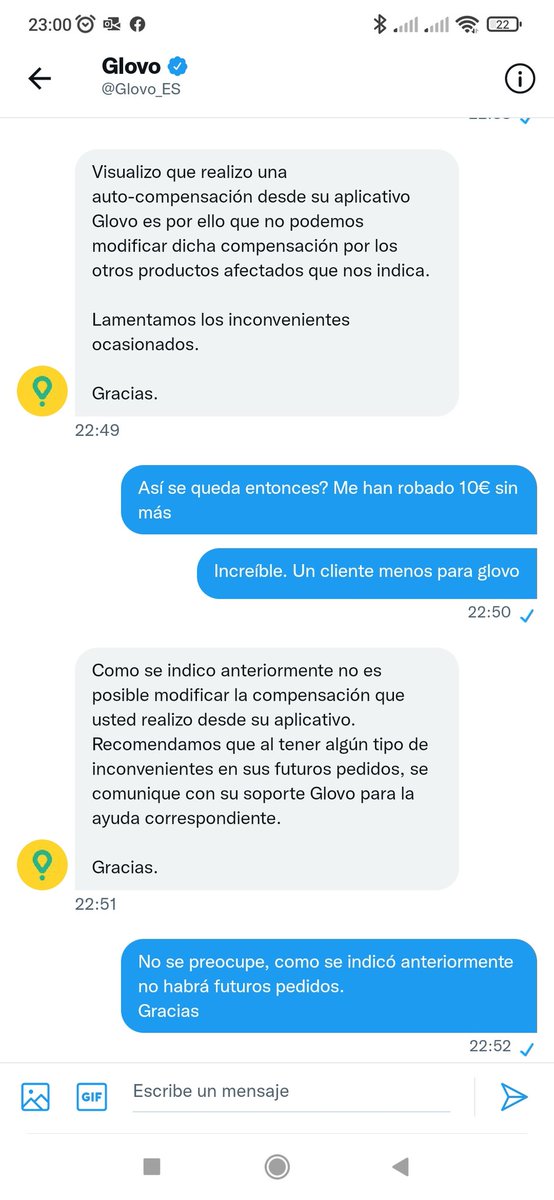 gonperios's tweet photo. Increíble @glovo_es su respuesta tras verificar que dos productos no llegan dentro del pedido. Me doy cuenta que no llega un producto. Pido su reembolso, y posteriormente me doy cuenta que tampoco llega otro producto del pedido. 
Pues bien del segundo no me lo reembolsarán. https://t.co/hxZdKlBNDe