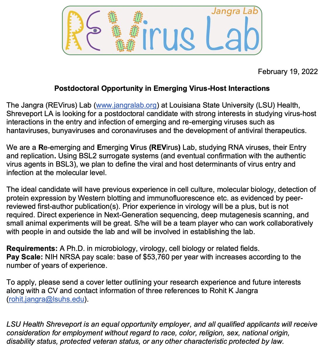 Interested in doing #research on #emerging #viruses? We are #hiring for an open #postdoc position.