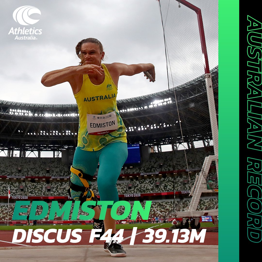 Another national record! <a href="/sarahedmistonAU/">Sarah Edmiston PLY</a> throws 39.13m at the <a href="/athswest/">Athletics West</a> Championships, bettering her Aus &amp; Oceania Discus F44 record by more than a metre. We're getting a bit excited to see what she can do at <a href="/birminghamcg22/">Birmingham 2022</a>! 

#ThisIsAthletics @commgamesaus @ausparalympics