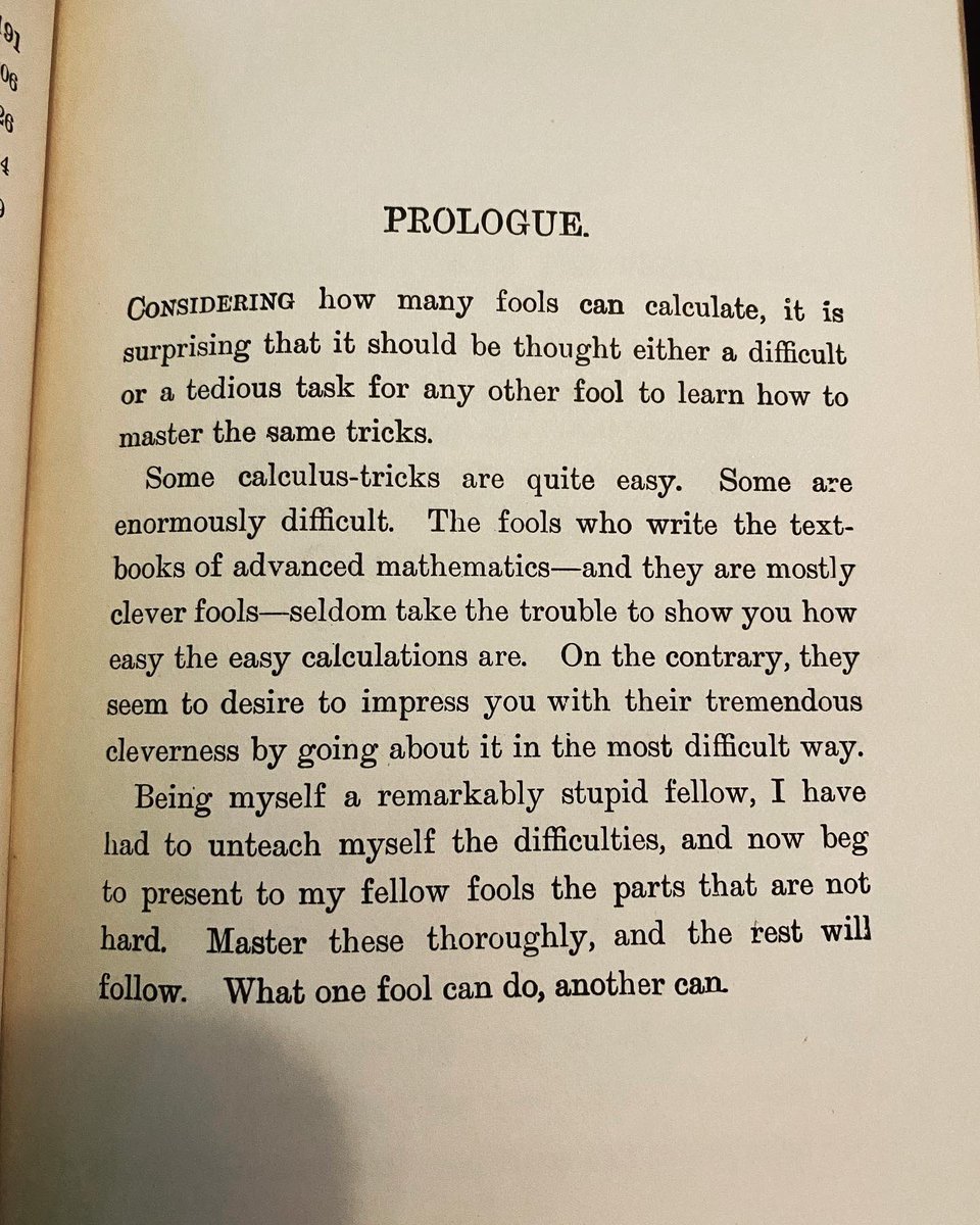 jochou's tweet photo. I have found the most amazing Calculus textbook from 1930 at my neighbor’s estate sale, Calculus made Easy. This is some amazingly hilarious and sassy writing. Some choice sections are in 🧵. /1
#calculus #calculusmadeeasy #rarefinds #oldbooks #calculusisfun #books #bookstagram https://t.co/VKQlQvTVfT
