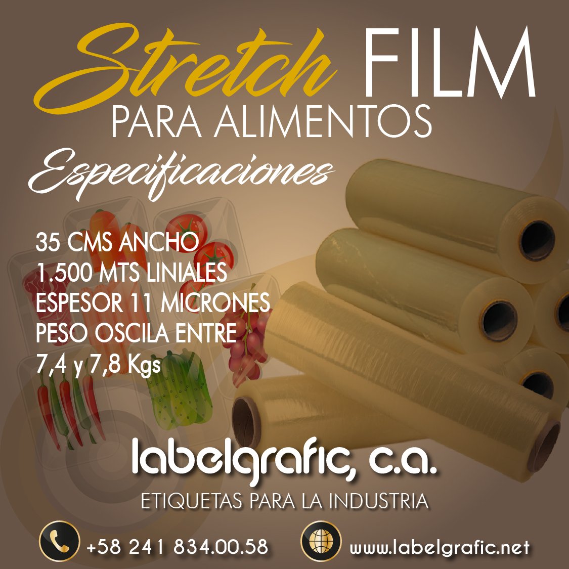 Labelgrafic's tweet photo. STRETCH FILMS PARA ALIMENTOS Y BEBIDAS

@labelgrafic 
#stretchfilms para #alimentos
Dimensiones
35 cm de ancho
1500 MTS Liniales
11 micrones
Peso aproximado entre
7,4 a 7,8 kgr

Contáctanos
✉️ventas.lgrafic@gmail.com
📞Telf 0241 834.00.58 https://t.co/Om0dXFtAq4