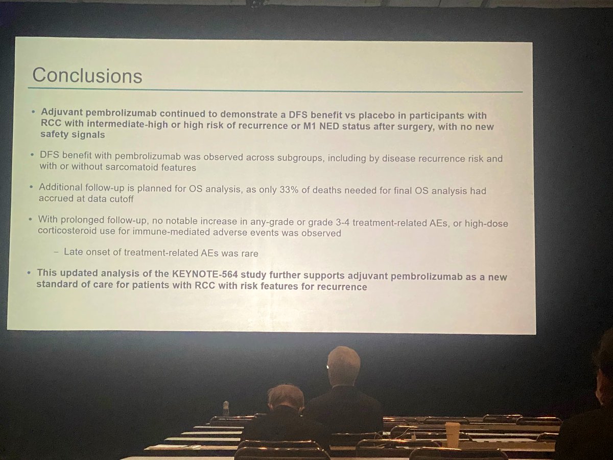 kidneycan's tweet photo. And there it is at @ASCO #GU22, @DrChoueiri of @DanaFarber_GU dropping the updated 30 mos follow up on adjuvant therapy Pembrolizumab KN564 for #RCC … that last line of the conclusion — “new standard of care” 

👏👏👏👏👏👏

@OncoAlert https://t.co/95PAg44ED2