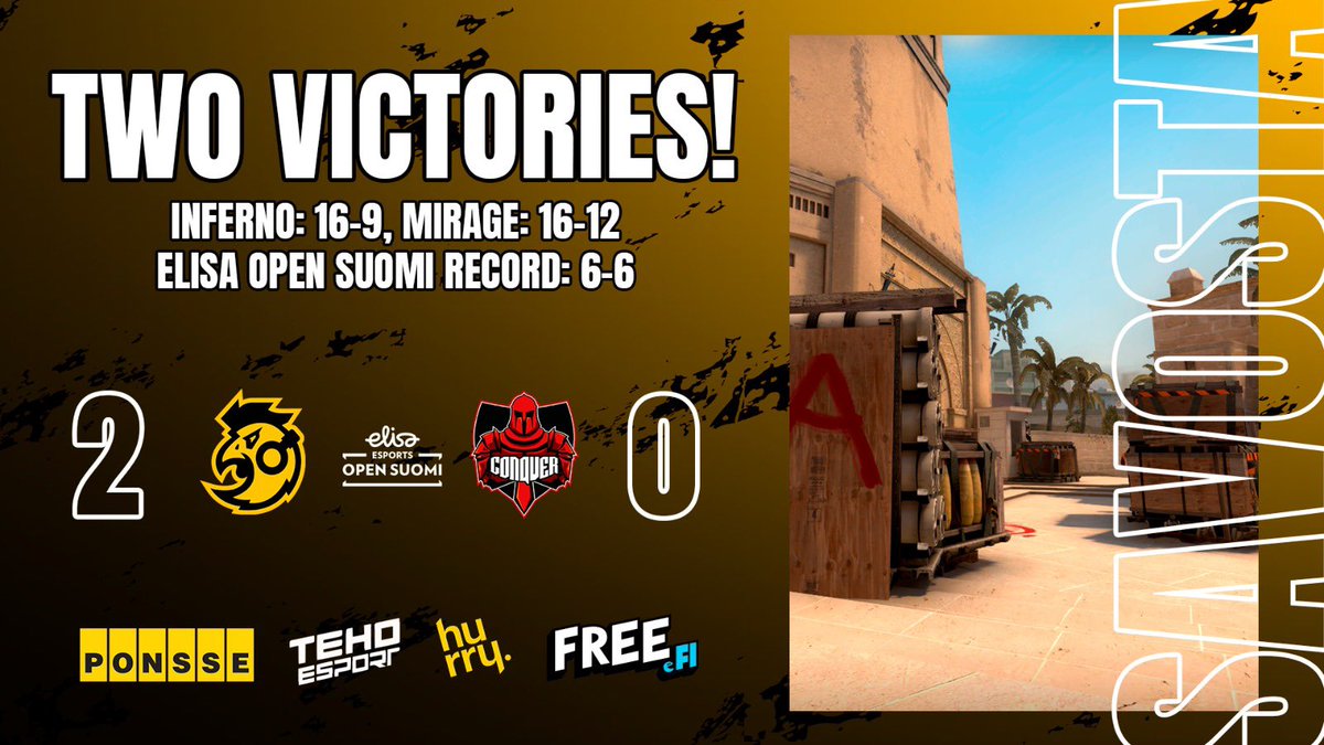 sawoesports's tweet photo. That was a fantastic Saturday on the server! 👊🏻
SAWO wins @ConquerGamingFI 2-0
▶️ Inferno 16-9
▶️ Mirage 16-12
Elisa Open continues tomorrow at 4pm!
#esportsfi #csgofi #SAVOSTA #FREESAWO https://t.co/EWoXqMAREG