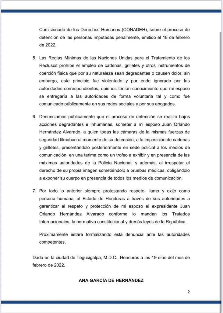 La ex primera dama Ana García ha hecho una Denuncia pública sobre violación de derechos humanos en detención de su esposo Juan Orlando Hernández.