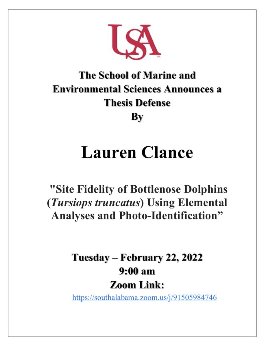 LRClance's tweet photo. IT’S HAPPENING! So excited (and nervous) to defend my thesis! Anyone interested in my research on dolphin site fidelity can zoom in at 9am central time on February 22nd. Feel free to share! https://t.co/daNDHt7YIU