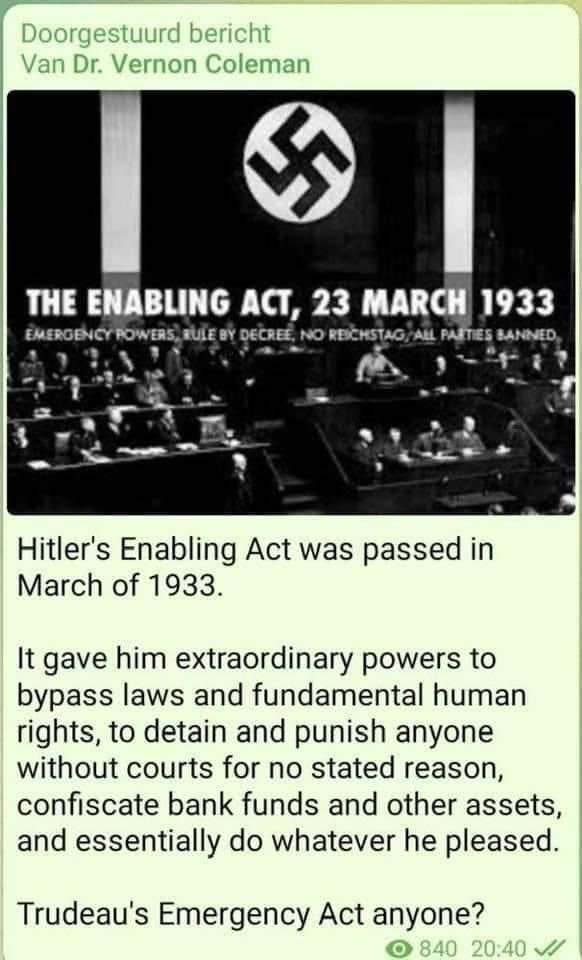 La ley habilitante de Hitler (marzo de 1933):

Le otorgó poderes extraordinarios para eludir la ley y los derechos humanos fundamentales, para detener y castigar a cualquier persona sin tribunales por motivos injustificados, confiscar fondos bancarios y otros activos. Les suena?
