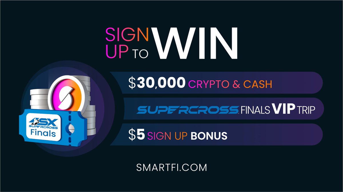SmartFi (@smartfiportal) on Twitter photo WIN $30,000 + VIP Tickets to the Supercross Finals
The official cryptocurrency platform of <a href="/SupercrossLIVE/">Supercross LIVE!</a> announces the SmartFi Supercross Sweepstakes:
Race to win 👇
1️⃣ $25,000 crypto & $5,000 cash
2️⃣ VIP Trip to the Finals
3️⃣ $5 sign up bonus
smartfi.com/supercross WIN $30,000 + VIP Tickets to the Supercross Finals
The official cryptocurrency platform of <a href="/SupercrossLIVE/">Supercross LIVE!</a> announces the SmartFi Supercross Sweepstakes:
Race to win 👇
1️⃣ $25,000 crypto & $5,000 cash
2️⃣ VIP Trip to the Finals
3️⃣ $5 sign up bonus
smartfi.com/supercross