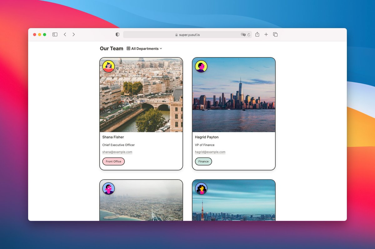 Introducing Profiles, a modern directory template for <a href="/super_/">Super</a> users.

This template is perfect to showcase your community members, startup teammates, meetup groups, project members, and more.

View live demo
↳ super.yusuf.is/profiles
