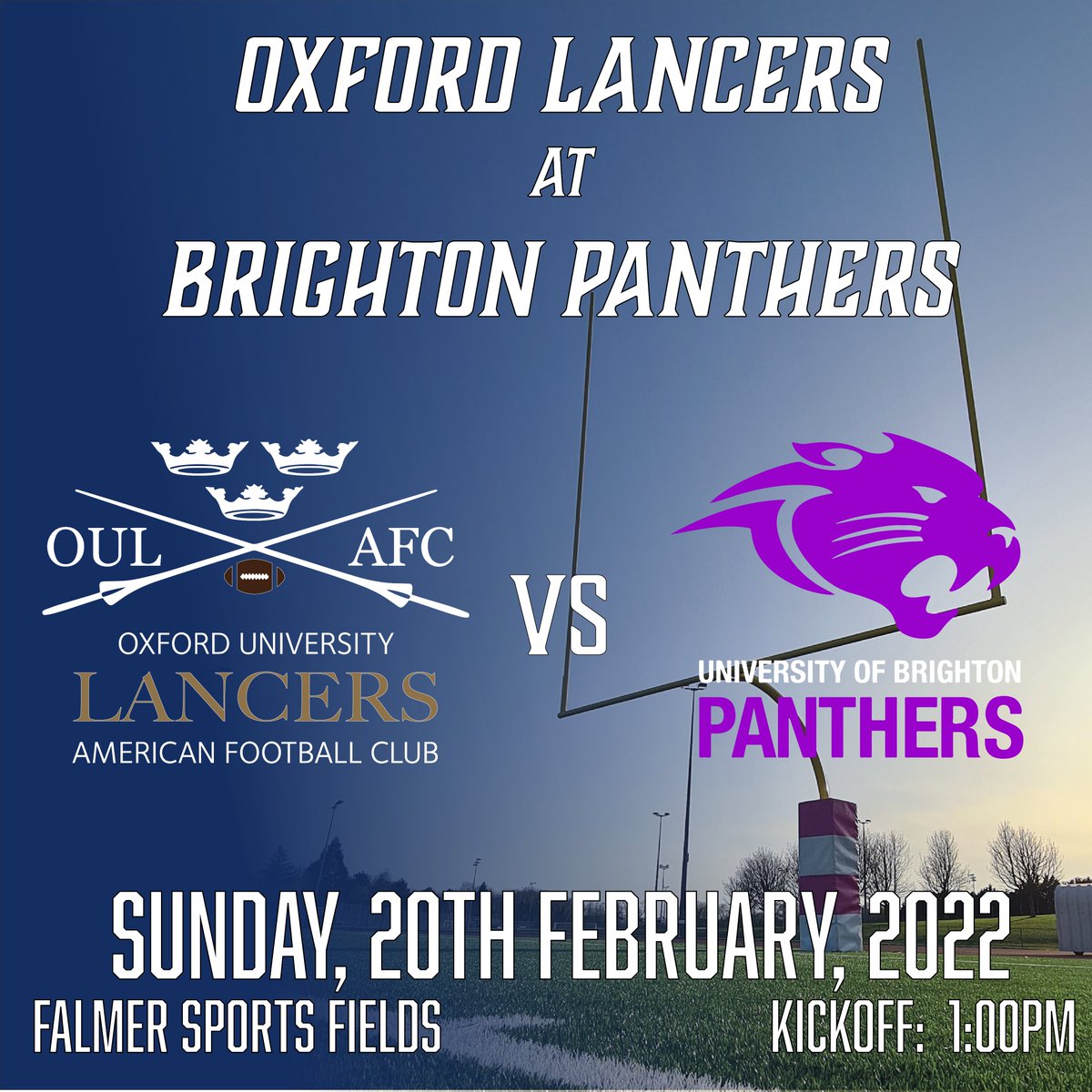 Today, at 1:00 PM, the Oxford Lancers will be playing against the Brighton Panthers American Football!

The match will be taking place in Brighton at Falmer Sports Fields.

Wish our team luck for our last game of the regular season!
#oxfordlancers #gameday #oxfordunisport