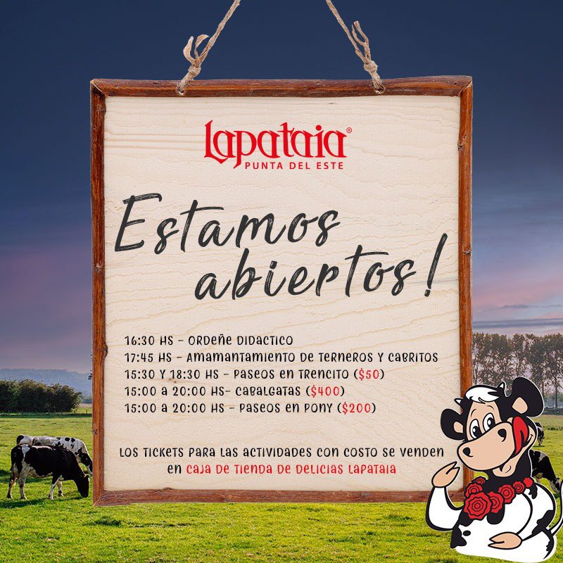 LAPATAIAUY's tweet photo. ¿Todavía no nos visitaste? Que el mal tiempo no sea una excusa!
👉🏼 Te esperamos todos los días hasta el 6 de Marzo inclusive para pasar una tarde #superdulce en familia
🐮Abiertos de Lunes a Domingo de 15 a 20 hs en #puntadeleste
#lapataia #familia #tambo #verano https://t.co/9fASyxPesj