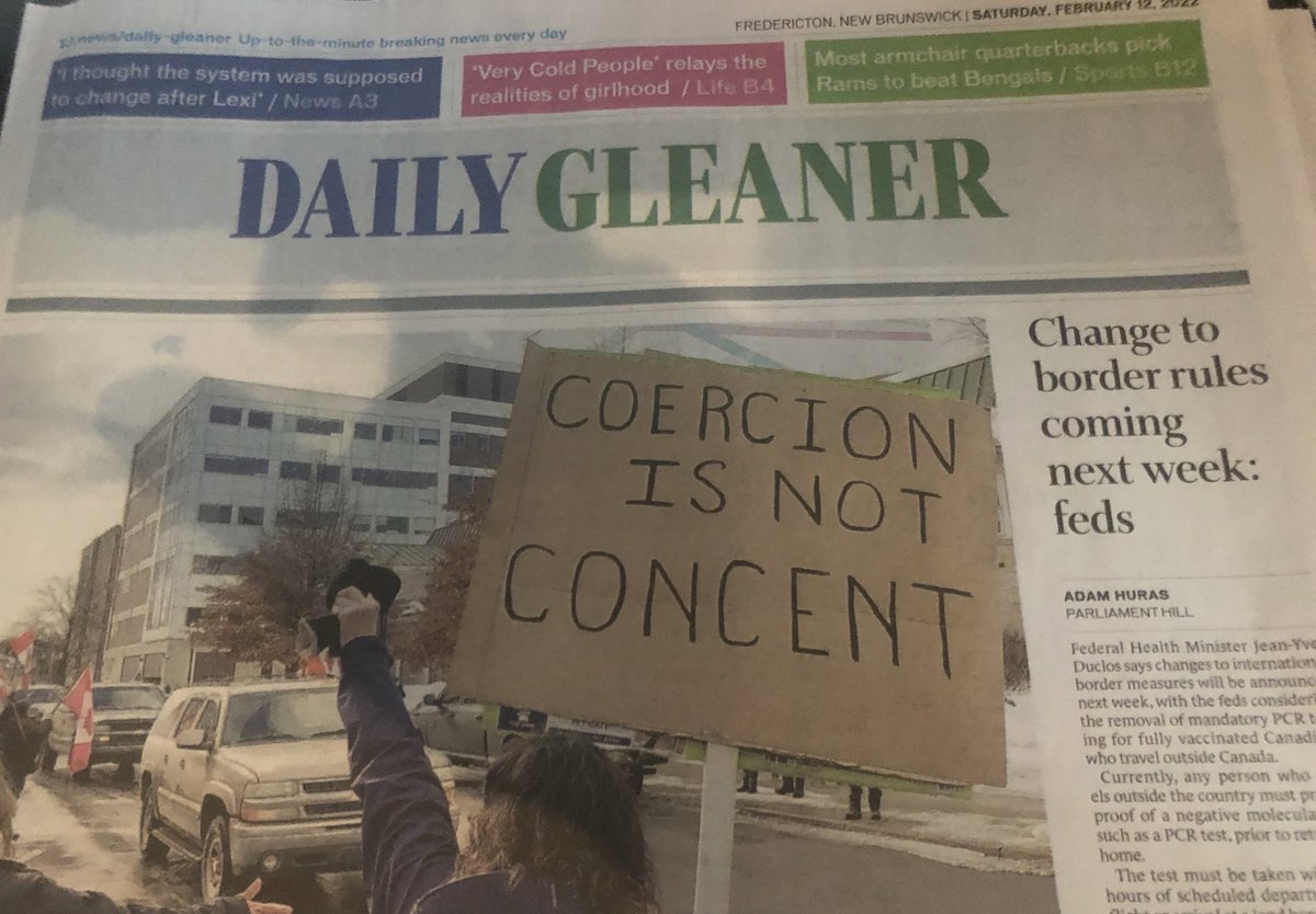 Andrew__Holland's tweet photo. Today’s @DailyGleaner. Not surprised these protesters can’t spell. Sad their irresponsible actions are hurting local businesses and tying up huge police resources. Demo of anti-vax, anti-mandate with some displaying anti-Semitic signs. Real enlightened group #GoHome https://t.co/xL1AI2W9Ko