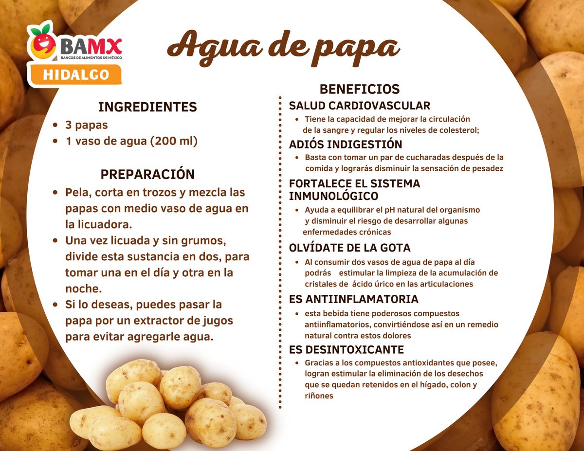 ¿Agua de papa? Sorpréndete con todos los beneficios de esta agua y no dudes en prepararla.
#bamxhidalgo #TodossomosBAMX