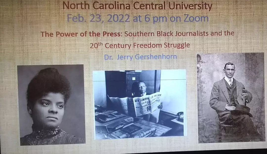 Feb. 23, 6 p.m., Zoom: “The Power of the Press: Southern Black Journalists and the 20th Century Freedom Struggle," featuring Jerry Gershenhorn, <a href="/NCCU/">North Carolina Central University</a> Prof. of History. #BlackHistoryMonth nccu.edu/events/power-p…