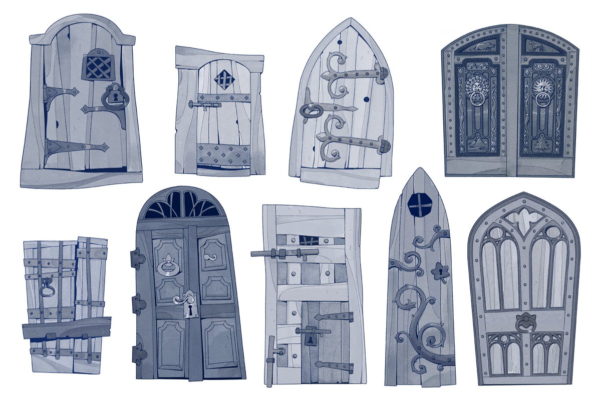 Joshuacarsonart's tweet photo. Some prop drawings of cellar doors and other thresholds for a large castle with odd denizens https://t.co/y0E5HcyQcQ