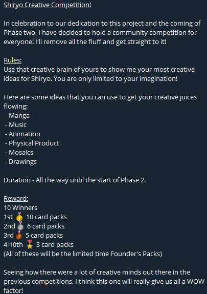 Shiryo_Official's tweet photo. 🚨 Shiryo Creative Competition 🚨

Get your creative juice’s flowing and take part in our Shiryo Creative Comp 🔥 

There’s plenty of options to choose from and lots of prizes to be won 🏅 

Attach your artwork to this tweet!

See image Below for full details
#Shiryo #ShiruoArmy https://t.co/BPDdiPvlK5