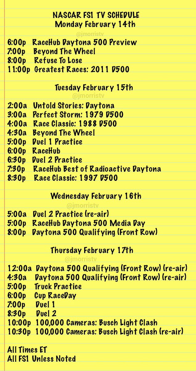 JMorrisTV's tweet photo. 🚨🚨TUNE IN: A full week of coverage headed your way. So much action. So little note space. Here’s 2 to take it all in. The 64th @DAYTONA 500 is closing in fast. Enjoy. #NASCAR #Daytona500 🚗💨🏁🏆 https://t.co/UXfwK0Soxn