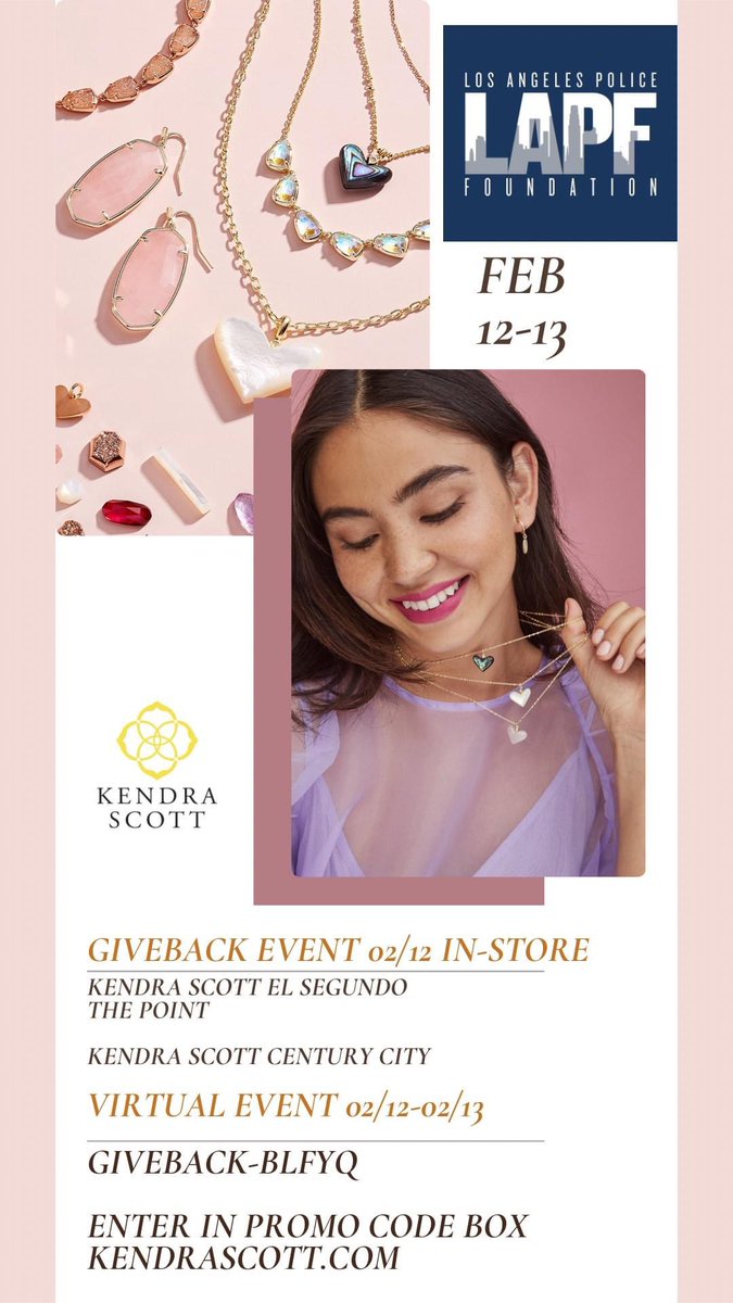 LAPoliceFdtn's tweet photo. Shop TODAY & TOMORROW @KendraScott . A portion of sales proceeds support @LAPDHQ! Shop in person @ either the Century City or El Segundo store or online at https://t.co/chSmNes2xQ & enter code GIVEBACK-BLFYQ when U check out!
#SupportLAPD #KendraScott #valentines #valentinesgift https://t.co/C0bpYBmX8Y