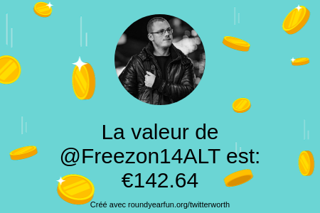 Freezon14ALT's tweet photo. Mon twitter vaut: €142.64

Trouvez le vôtre avec https://t.co/bFmXUZwEvW

⠀ https://t.co/kyMebitUfa