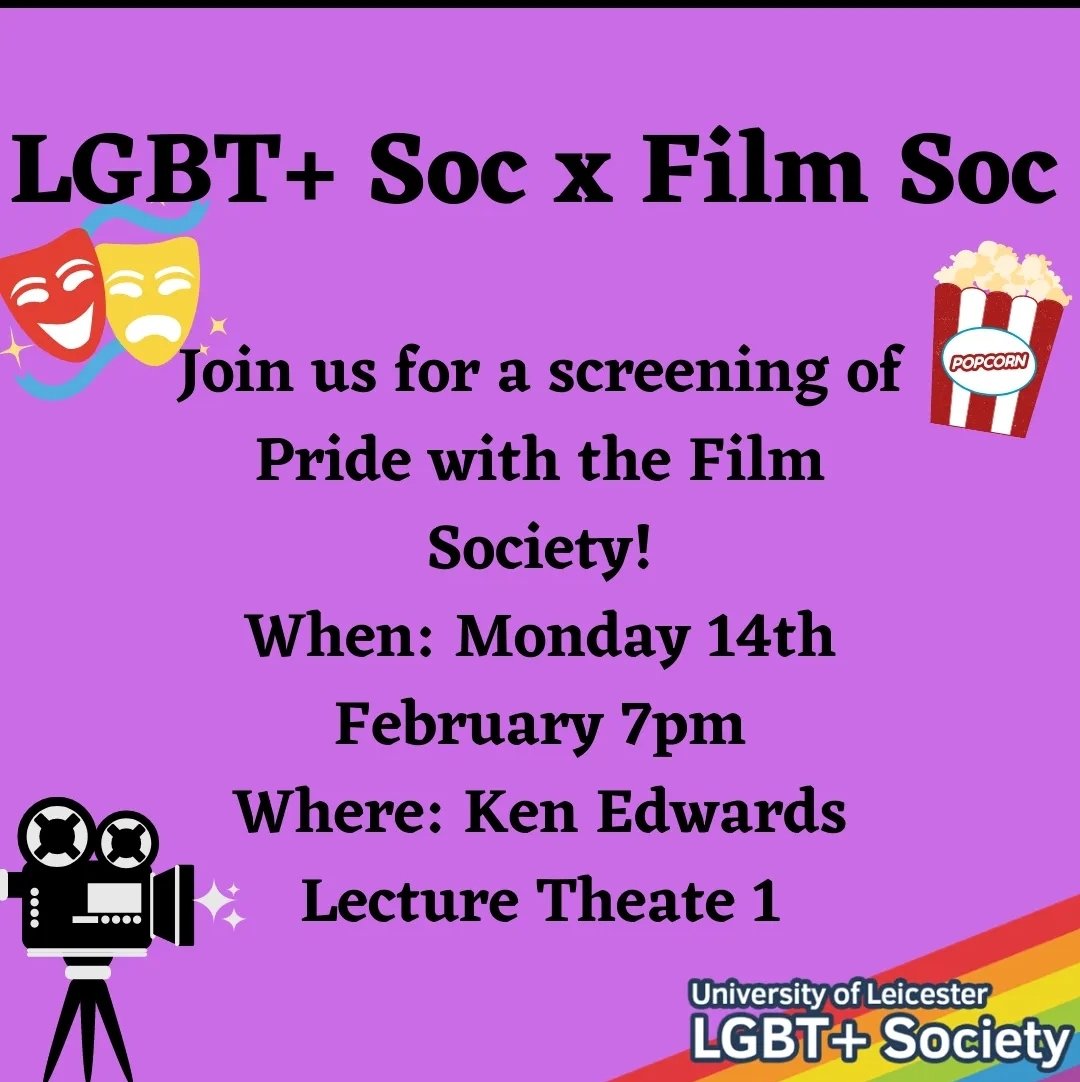 Happy LGBT+ History Month to everyone! As part of our celebrations we are joining forces with the lovely Film Society for a screening of the film Pride. This will be taking place on Monday 14th February at 7pm in Ken Edwards lecture theatre 1!🏳️‍🌈🏳️‍🌈