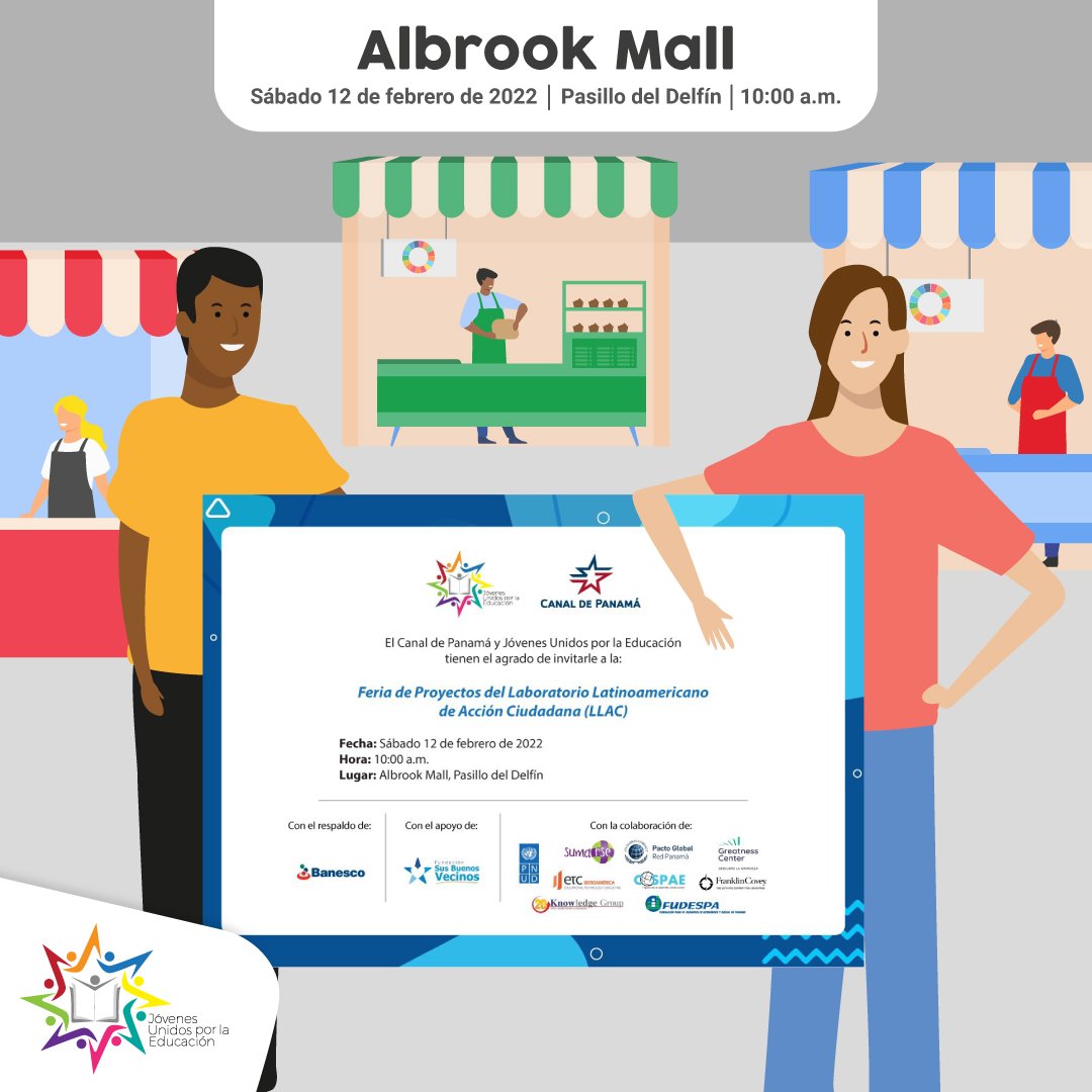 JovenesUxLaE's tweet photo. Estaremos hasta las 5:00 p.m. en @albrookmall pasillo del delfín 🐬 ¡Les esperamos! #FeriaDeProyectos #LLAC https://t.co/OxOPNytx0E