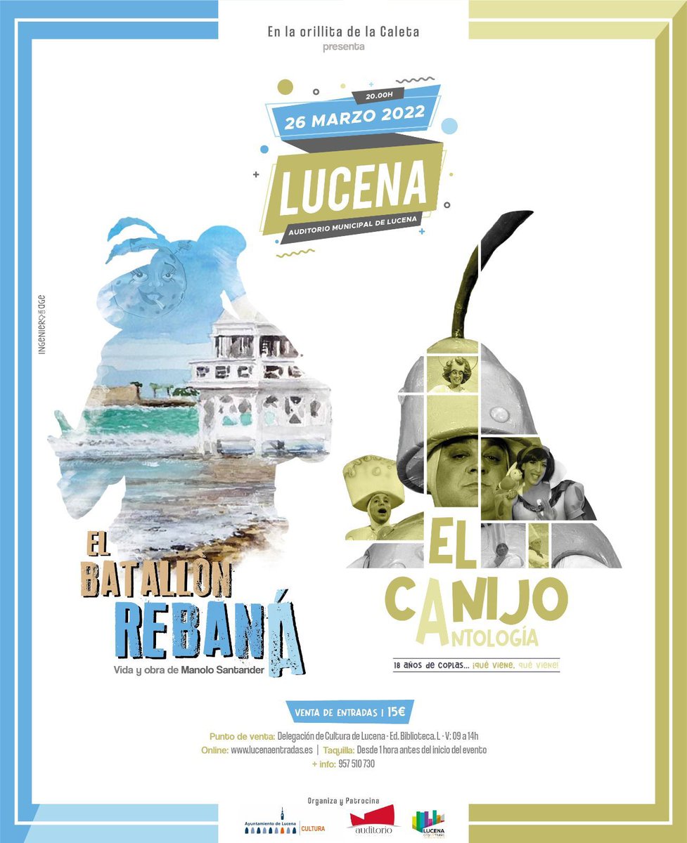En marzo, ¡#carnaval de #Cádiz en #Lucena! 

Ya están a la venta las entradas para disfrutar de este magnifico espectáculo chirigotero el 26 de marzo en #Lucena con las nuevas antologías de Manolo Santander y @elcanijocom (<a href="/CanijodeCarmona/">Invi-ictus</a>).

¡No os lo perdáis!