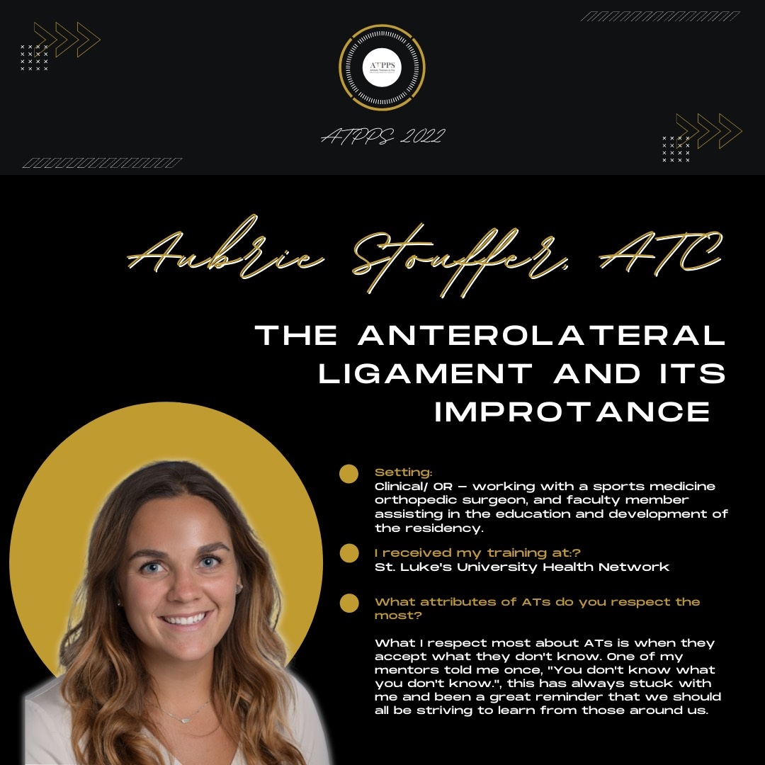 ATPPSociety's tweet photo. #ATPPS2022 Speaker Highlight!

Aubrie will discuss ALL things anterolateral ligament.  She will highlight the role it plays in rotational stability, analyze current surgical techniques and take into account genetics and family history and the role they play in knee function. https://t.co/t96umfPA1x
