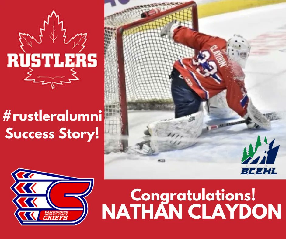 RustlersHockey's tweet photo. Congrats to #rustleralumni Nathan Claydon for earning a roster spot on the @NEChiefsU17AAA of the @BCEHL! Claydon has played 15 games and has 11 wins, 4 losses, 4 shut outs and a 2.62 GAA! Way to go Nathan, keep working hard and achieving your goals! #rustlerdesire #rustlerpride https://t.co/jl3OpEnQYn