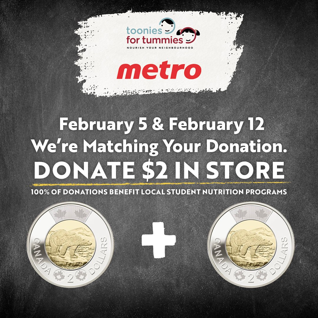 Today, local <a href="/FoodBasicsCA/">Food Basics</a> and <a href="/MetroOntario/">Metro Ontario</a> Grocery stores are matching all donations made to <a href="/GroceryFndtn/">TheGroceryFoundation</a> #Toonies4tummies campaign.