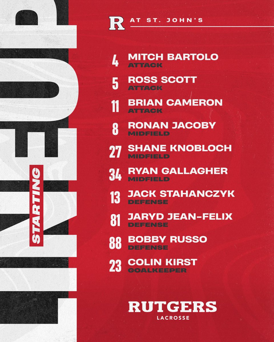 RUmlax's tweet photo. #RUMLax starting lineup is set for the game at St. John's! 

Jack Stahanczyk makes his first start this season on defense https://t.co/cETCaGDxW5